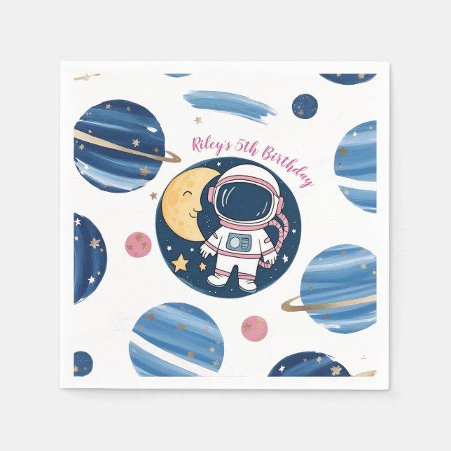 Servilleta De Papel Cumpleaños Astronauta PinkBlue Serviette (Vorderseite)