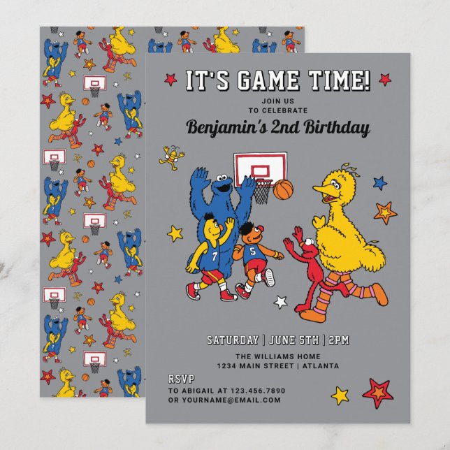 Sesame Street Basketball Birthday Einladung (Vorne/Hinten)