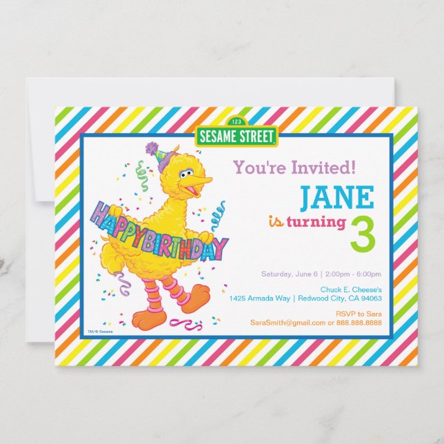 Sesame Street Big Bird zum Geburtstag gestreift Einladung (Vorderseite)