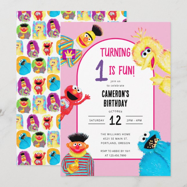 Sesame Street Characters First Birthday Party Einladung (Vorne/Hinten)