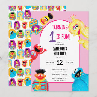 Sesame Street Characters First Birthday Party Einladung
