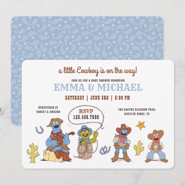 Sesame Street Cowboy Baby Dusche Einladung (Vorne/Hinten)