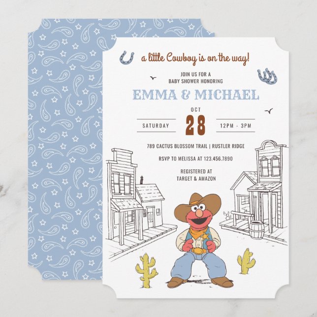 Sesame Street Cowboy Elmo Baby Shower Einladung (Vorne/Hinten)
