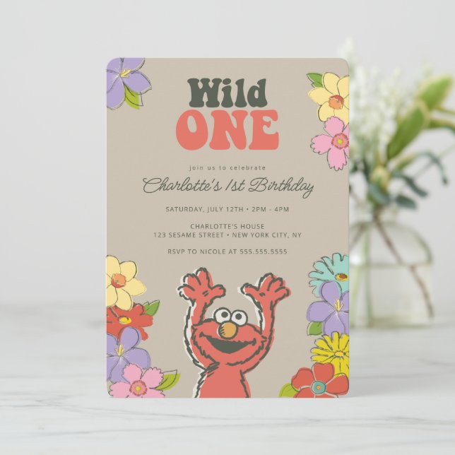 Sesame Street Elmo | Wild One Floral Birthday Einladung (Stehend Vorderseite)