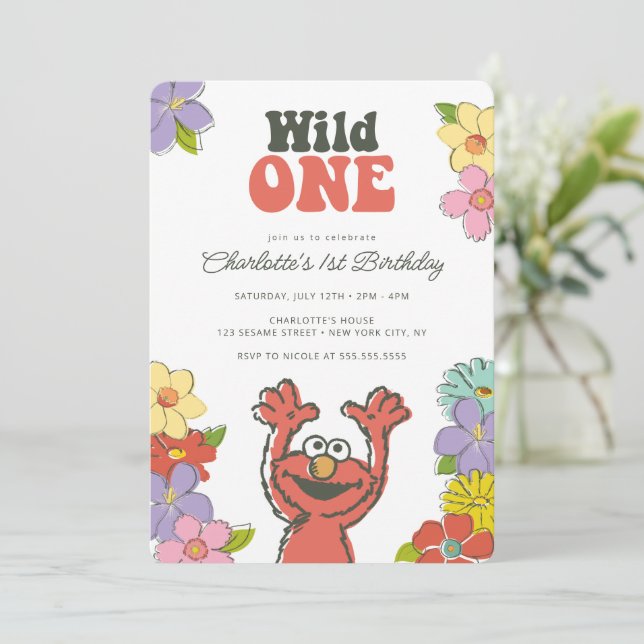 Sesame Street Elmo | Wild One Floral Birthday Einladung (Stehend Vorderseite)