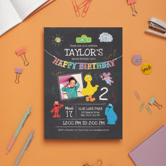 Sesame Street Pals Chalkboard Foto Geburtstag Einladung