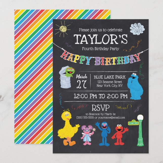 Sesame Street Pals Chalkboard Rainbow 4. Geburtsta Einladung (Vorne/Hinten)