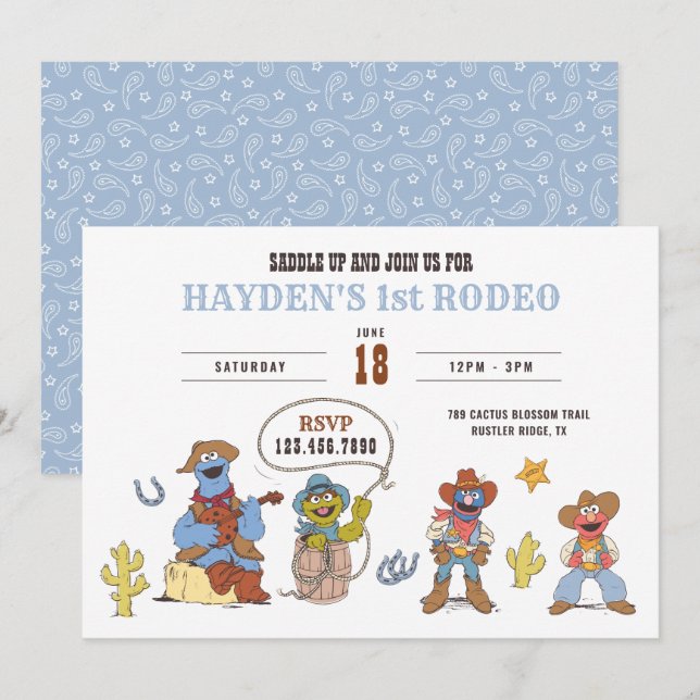 Sesame Street Rodeo Cowboy Birthday  Einladung (Vorne/Hinten)