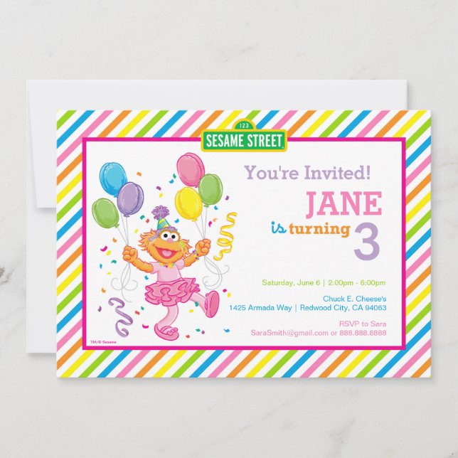 Sesame Street Zoe Striped Birthday Einladung (Vorderseite)