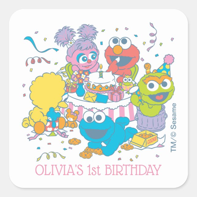 Sesamstraße | Baby's First Birthday Quadratischer Aufkleber (Vorderseite)