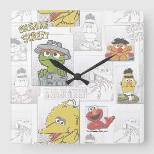 Sesamstraße Vintage-Comic-Muster Quadratische Wanduhr