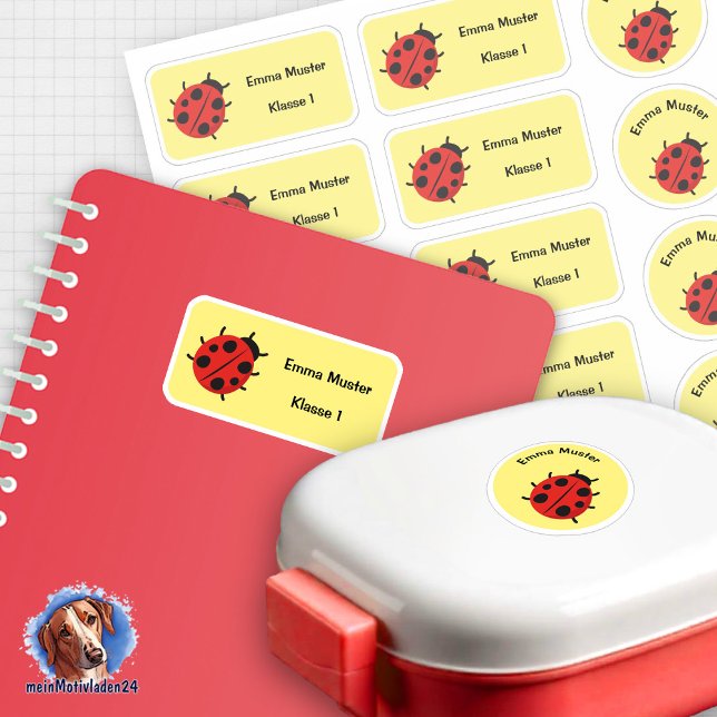 Set - 12 Namensaufkleber Marienkäfer - gelb |  Aufkleber (12 runde und eckige Schulaufkleber im Set, Motiv Marienkäfer auf gelben Hintergrund)