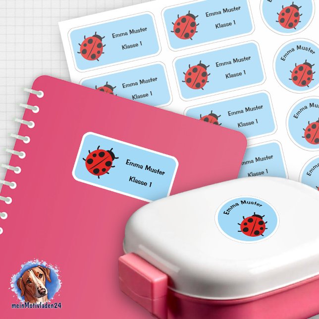 Set - 12 Namensaufkleber Marienkäfer - hellblau |  Aufkleber (12 runde und eckige Schulaufkleber im Set, Motiv Marienkäfer auf blauen Hintergrund)