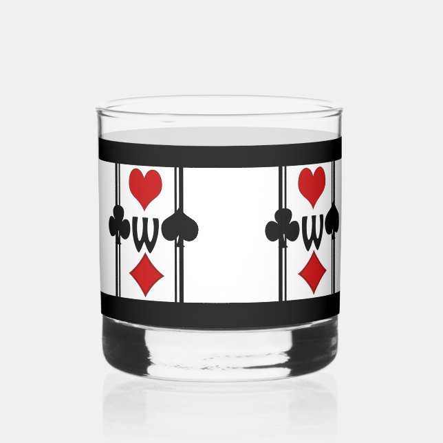 Set 1 Art-Deco-Kartenspiel-Anzug mit Monogramm Whiskyglas (Vorderseite)