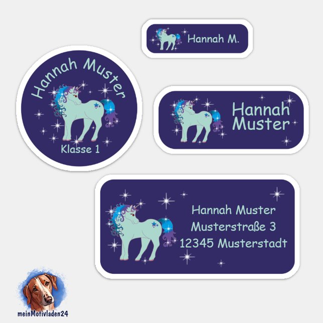 Set - 24 autocollants Fantasy Lihorn bleu | (Namensaufkleber Set für Kinder - Fantasy Einhorn blau - 24 teilig, personalisierbar )