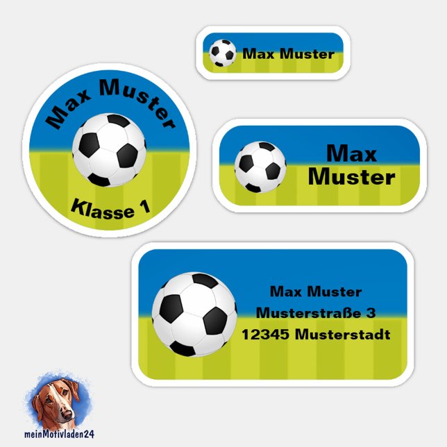 Set - 24 Namensaufkleber Fußball blau grün |    Aufkleber (Namensaufkleber Set für Kinder - Fußball blau grün - 24 teilig, personalisierbar )