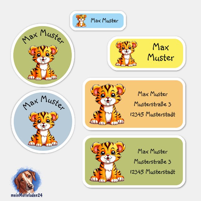 Set - 24 Namensaufkleber Kleiner Säbelzahntiger | Aufkleber (Namensaufkleber Set für Kinder - Kleiner Säbelzahntiger bunt - 24 teilig, personalisierbar )