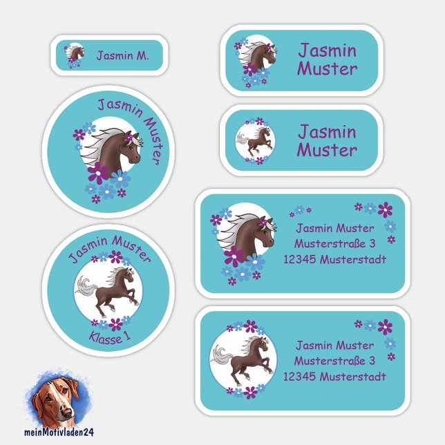 Set - 24 Namensaufkleber Pferde Blumen türkis |  Aufkleber (Namensaufkleber Set für Kinder - Pony Blumen tuerkis - 24 teilig, personalisierbar )