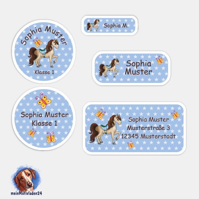 Set - 24 Namensaufkleber Pferde Sternchen blau | Aufkleber (Namensaufkleber Set für Mädchen - Pferde - Sternchen blau - 24 teilig, personalisierbar )