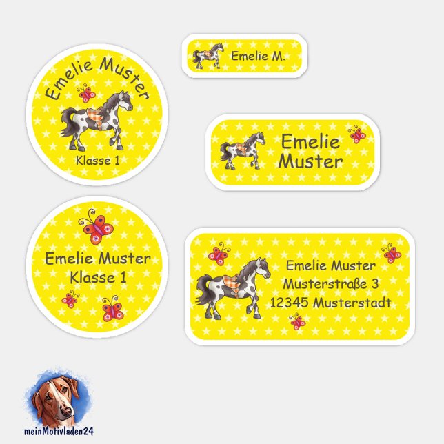 Set - 24  Namensaufkleber Pferde Sternchen gelb | Aufkleber (Namensaufkleber Set für Mädchen - Pferde - Sternchen gelb - 24 teilig, personalisierbar )