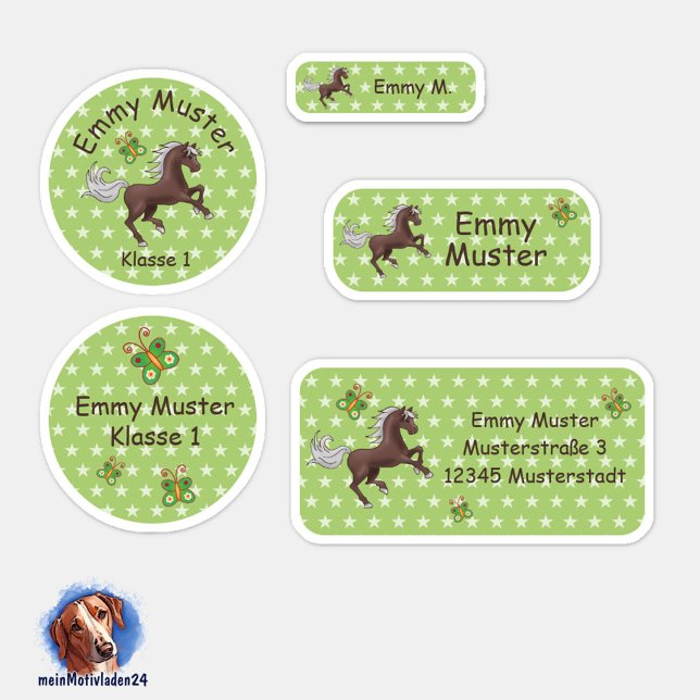 Set - 24 Namensaufkleber Pferde Sterne grün |  Aufkleber (Namensaufkleber Set für Mädchen - Pferde - Sternchen grün - 24 teilig, personalisierbar )