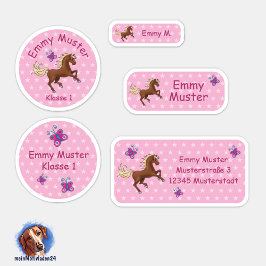 Set - 24 Namensaufkleber Pferde Sterne rosa | Aufkleber