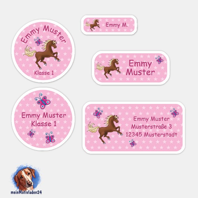 Set - 24 Namensaufkleber Pferde Sterne rosa | Aufkleber (Namensaufkleber Set für Mädchen - Pferde - Sternchen rosa - 24 teilig, personalisierbar )