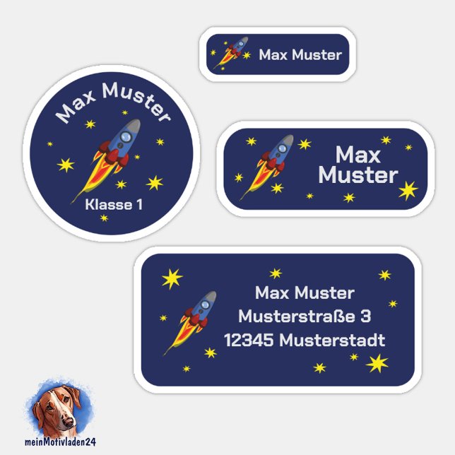 Set - 24 Namensaufkleber Rakete | Aufkleber (Namensaufkleber Set für Kinder - Rakete - 24 teilig, personalisierbar )