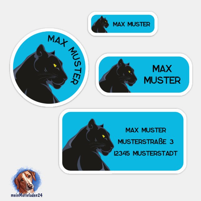 Set - 24 Namensaufkleber Schwarzer Panther blau |  Aufkleber (Namensaufkleber Set für Kinder - Schwarzer Panther blau - 24 teilig, personalisierbar )