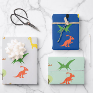 Set 3 farbenfroher Dino-Wald für Kinder Geschenkpapier Set