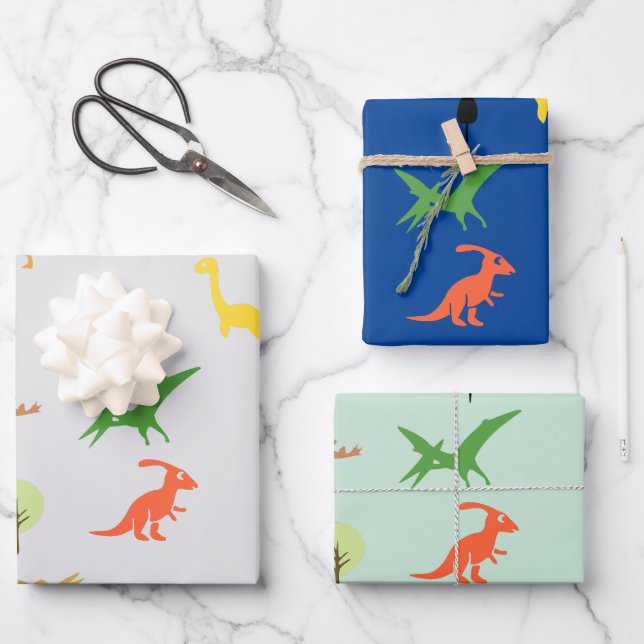 Set 3 farbenfroher Dino-Wald für Kinder Geschenkpapier Set (Vorderseite)