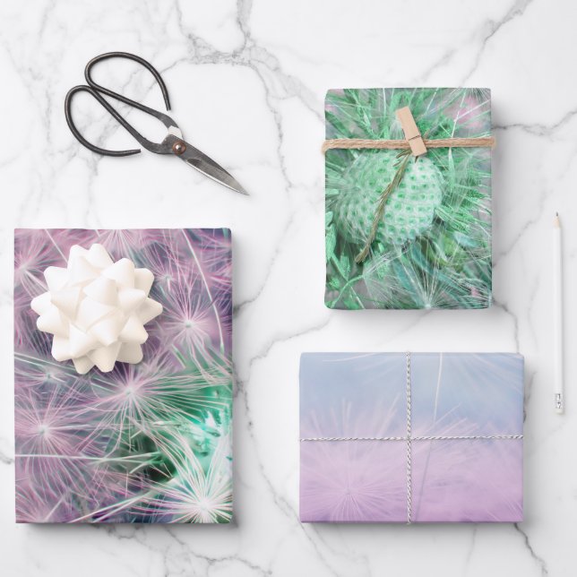 Set 3 Löwenzahn wünscht Samenkopf Geschenkpapier Set (Vorderseite)