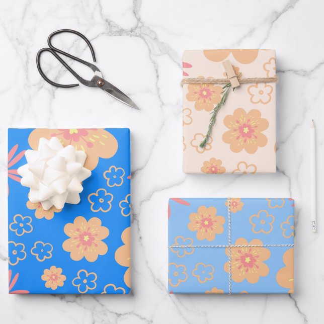 Set 3 Muster der Retro-Floral Geschenkpapier Set (Vorderseite)