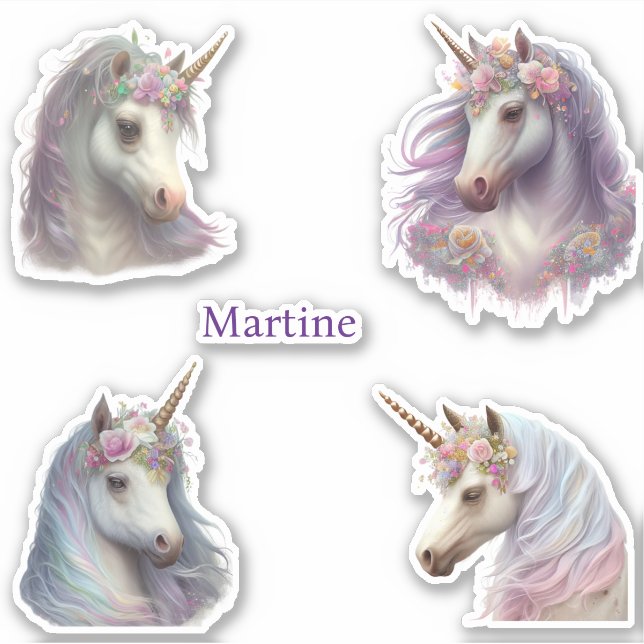 Set 4 Unicorn Personalisiert Name Custom Cut Aufkleber (Vorderseite)