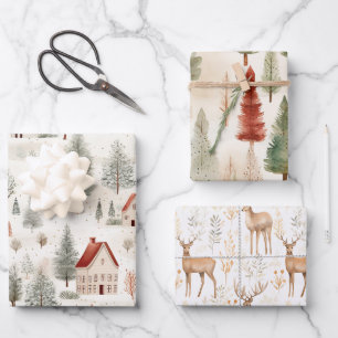 Set aus 3 ländlich-verspielten Waldmotiven Geschenkpapier Set
