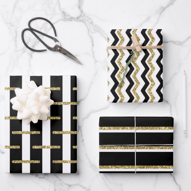 Set aus 3 schwarzen Streifen Geschenkpapier Set (Vorderseite)