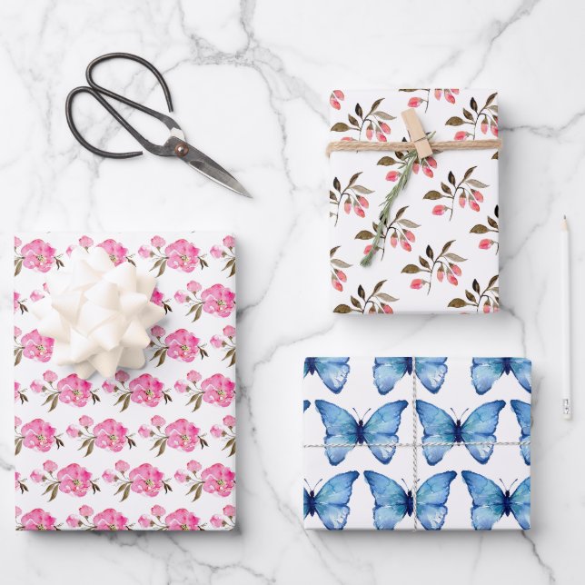 Set aus 3 Umschlagpapier - Design der Blütenschmet Geschenkpapier Set (Vorderseite)