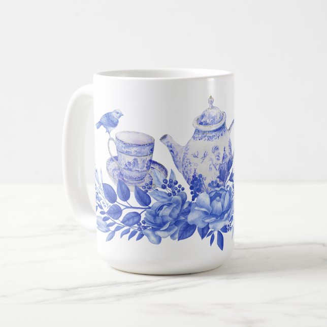 Set aus Blauem und Weißem Tee mit Tasse von Vögeln (Vorderseite Links)