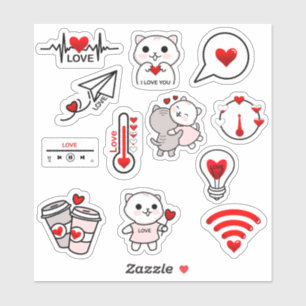 Set de 12 Valentines's Day cat stickers Love