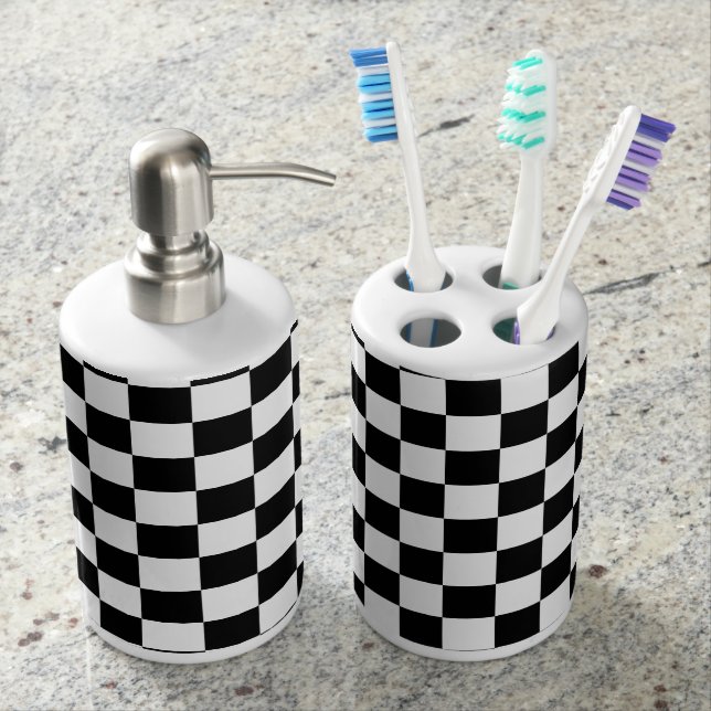 Set De Salle De Bain Tuiles noires et blanches d'échiquier (devant)