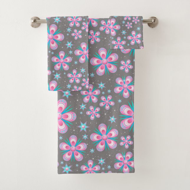 set de serviettes de bain fleurs et étoiles (En situation)