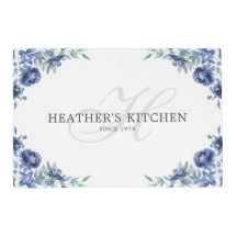 Élégant Chic Blue Florals Nom du monogramme