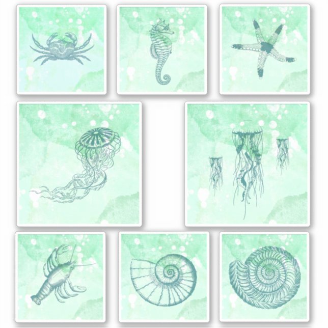 Set der Aquarellfarbenaufkleber für die Meereskrea Aufkleber (Vorderseite)