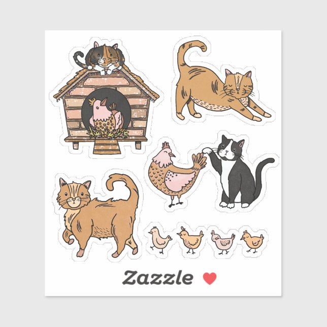 Set der Aufkleber für Katzen und Hühner (Blatt)