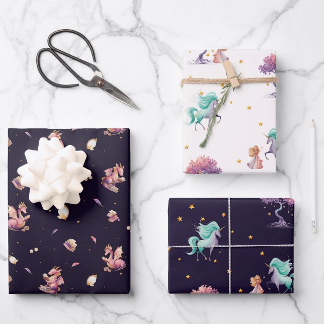 Set für Drachen- und Einhornverpackungspapier (3 B Geschenkpapier Set (Vorderseite)