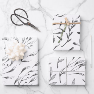 Set für graues und weißes botanisches Verpackungsp Geschenkpapier Set