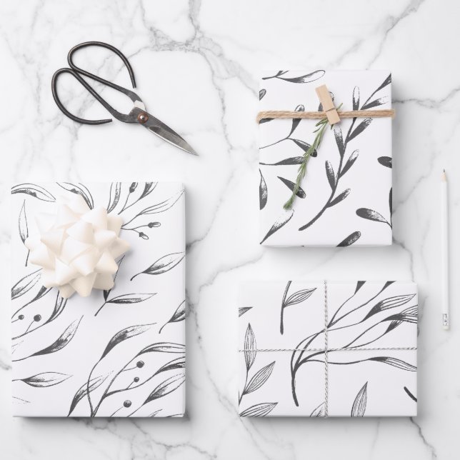 Set für graues und weißes botanisches Verpackungsp Geschenkpapier Set (Vorderseite)