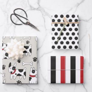 Set für Schwarz-weiße Dog-Wrapping Geschenkpapier Set
