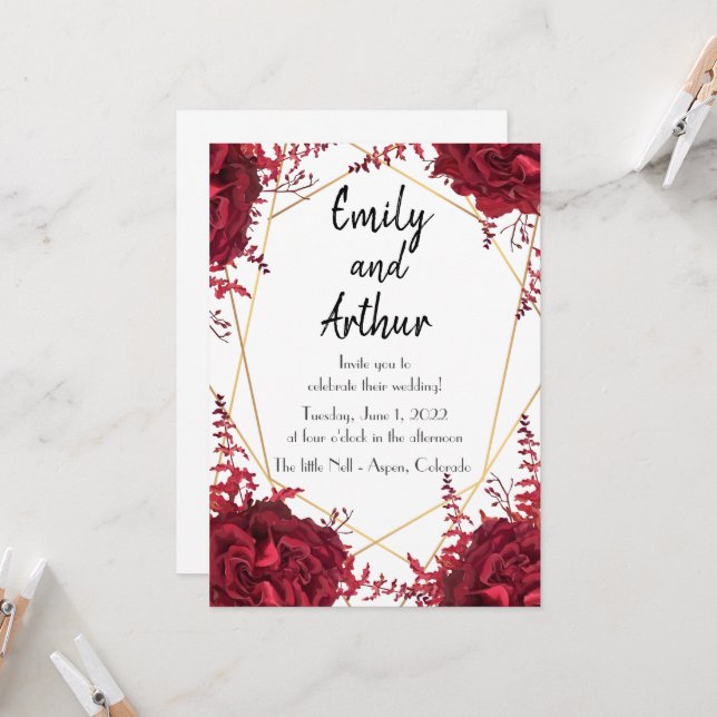 Set in Rot und Gold 1 Einladung zur Hochzeit (Vorderseite/Rückseite Beispiel)