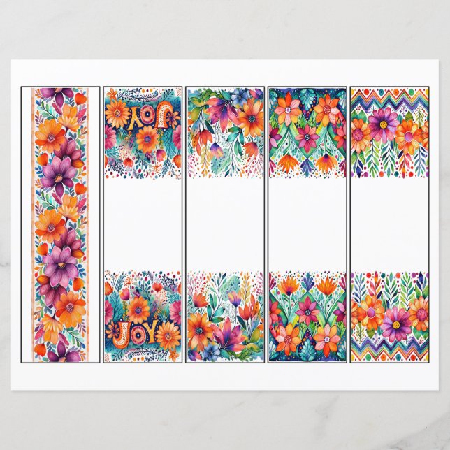 Set mit 5 Boho-Blumenrand-Lesezeichen (Vorderseite)
